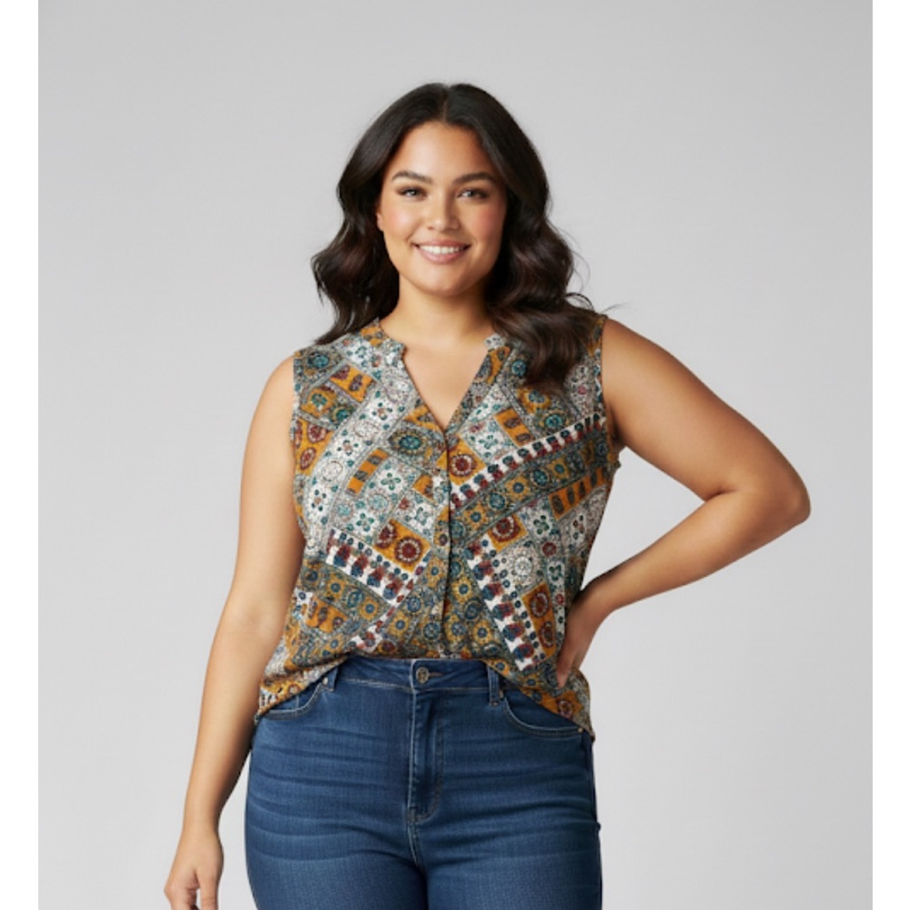 AMANA Sleeveless Button Down Blouse, Women’s M, Multicolor